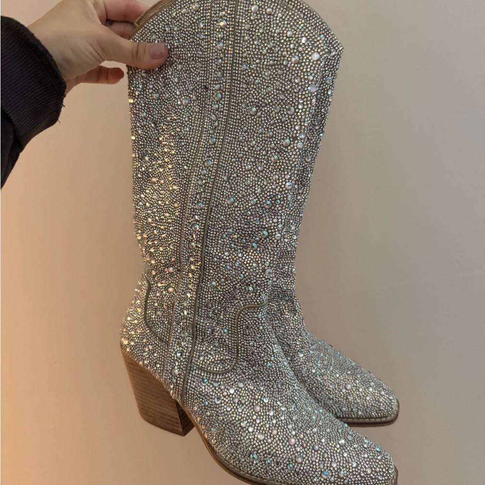 Silver Rhinestone Embellished Women's Boots